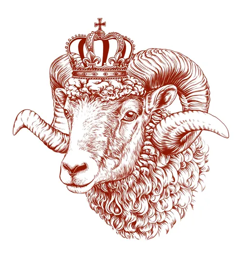 Detailed pencil drawing of a ram wearing a royal crown by Lauren Mortimer Pencils