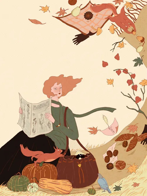 Autumn scene with woman reading newspaper surrounded by leaves and birds by Leah Han