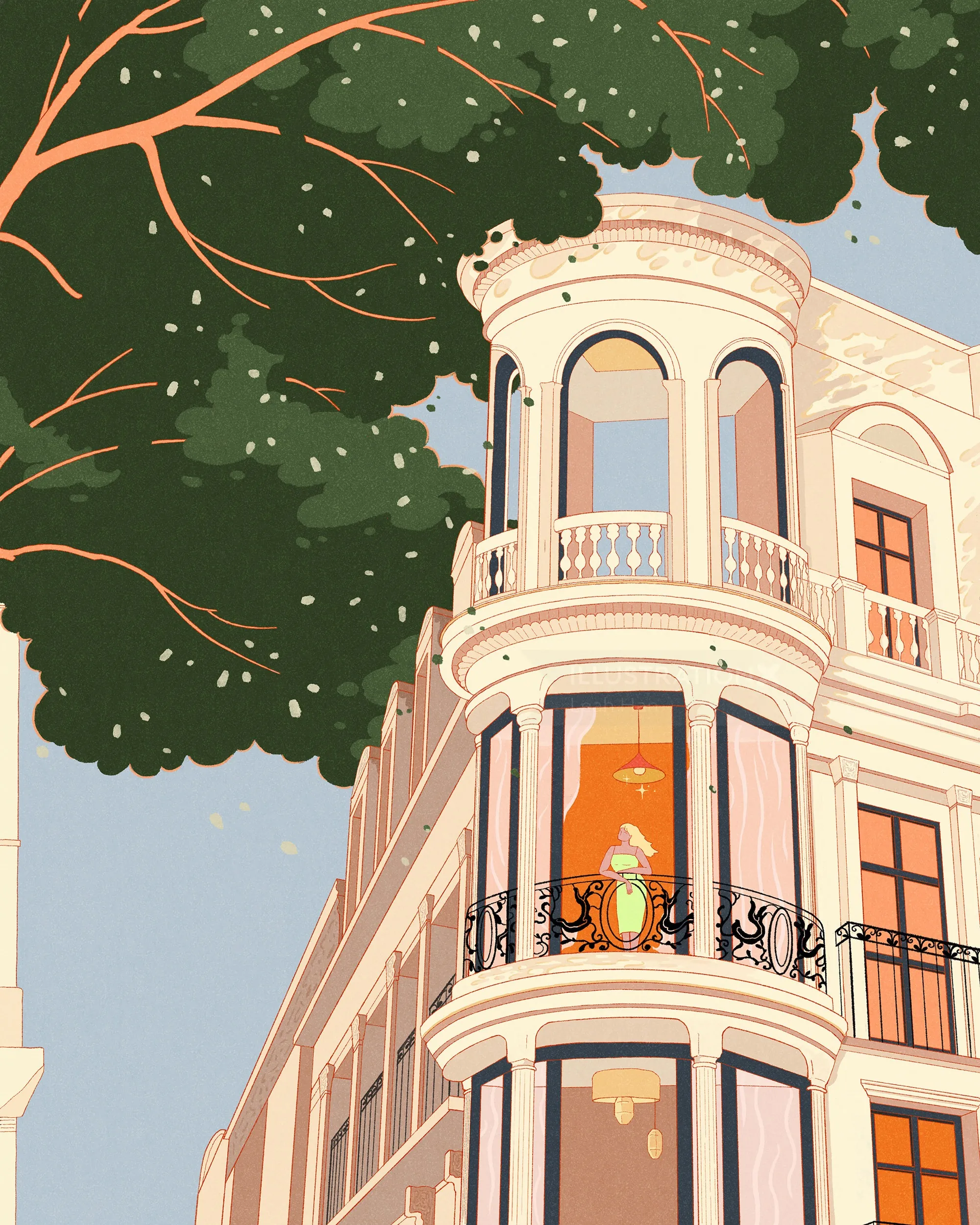 Elegant white building corner with balcony and tree branches by Leah Han