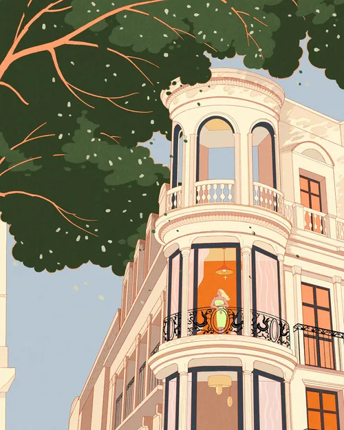 Elegant white building corner with balcony and tree branches by Leah Han
