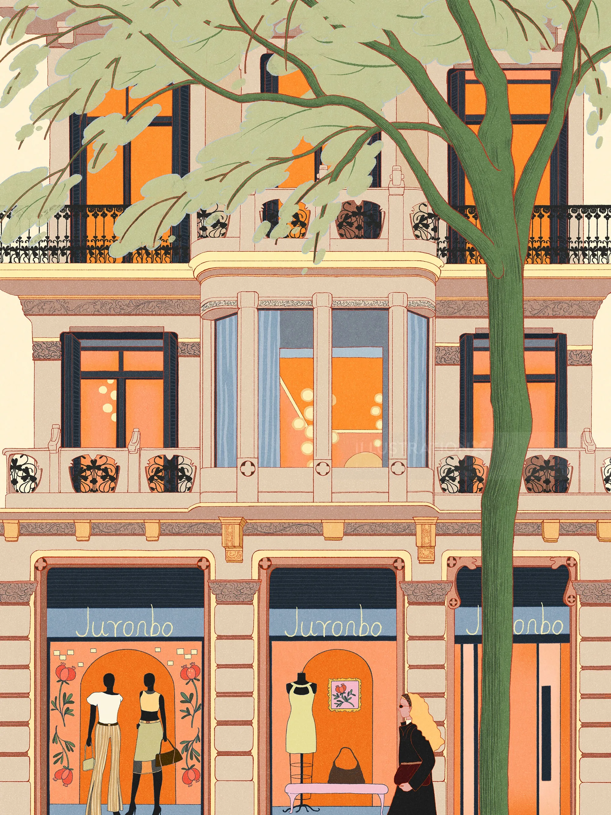 Fachada de edifício com figuras no interior e uma grande árvore do lado de fora, por Leah Han.