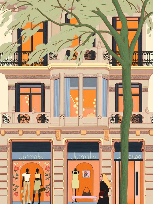Building facade with figures inside and a large tree outside by Leah Han