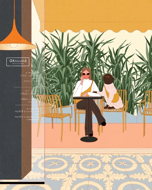 Woman and dog sitting at outdoor café with plants and awning by Leah Han