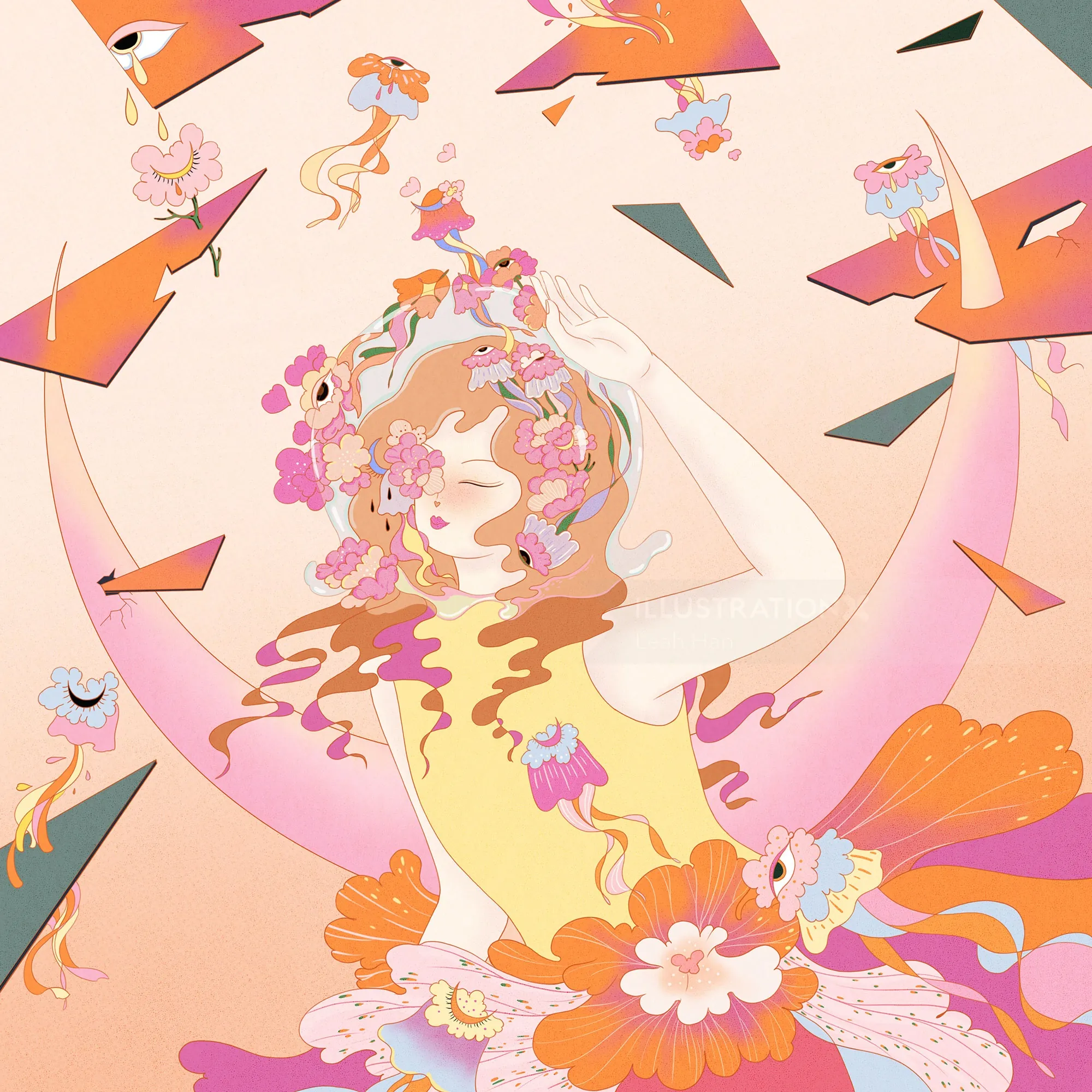 Garota onírica com flores e formas abstratas por Leah Han