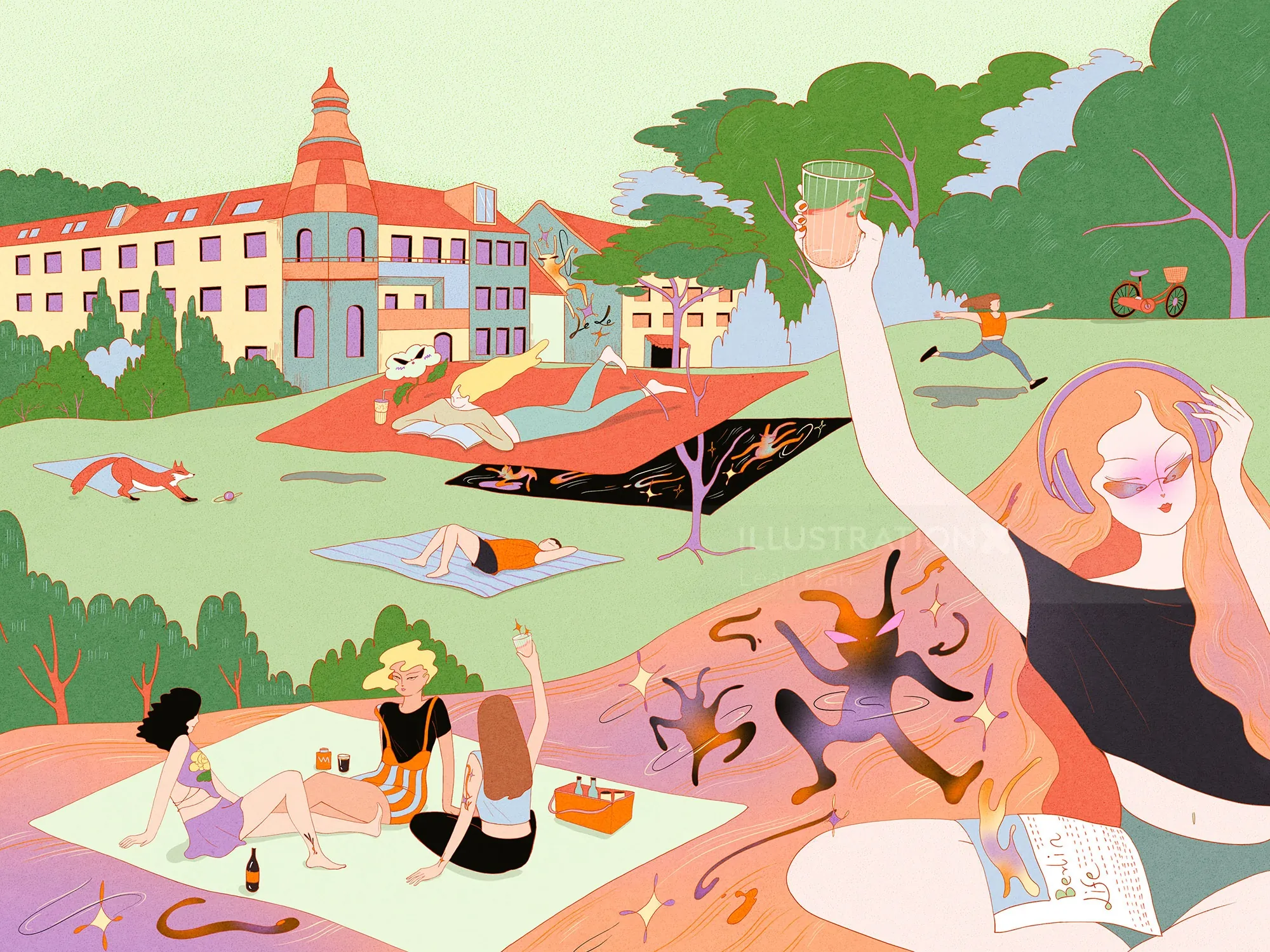 Leah Han illustration of people relaxing and socializing in a colorful park setting