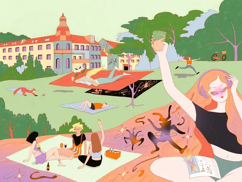 Leah Han illustration of people relaxing and socializing in a colorful park setting