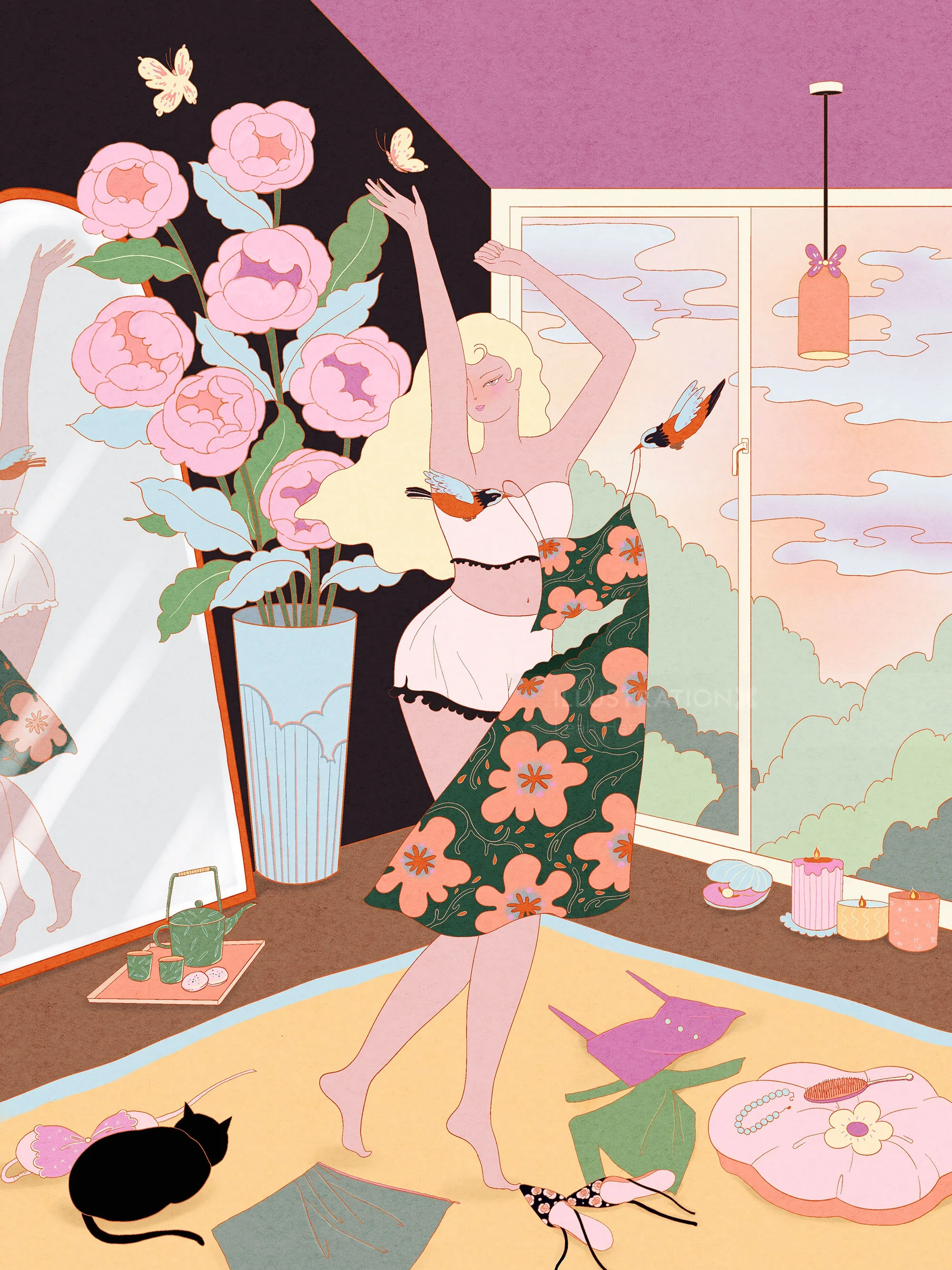 Uma mulher dançando com uma roupa estampada com flores em um quarto em tons pastel com flores e um gato, por Leah Han.