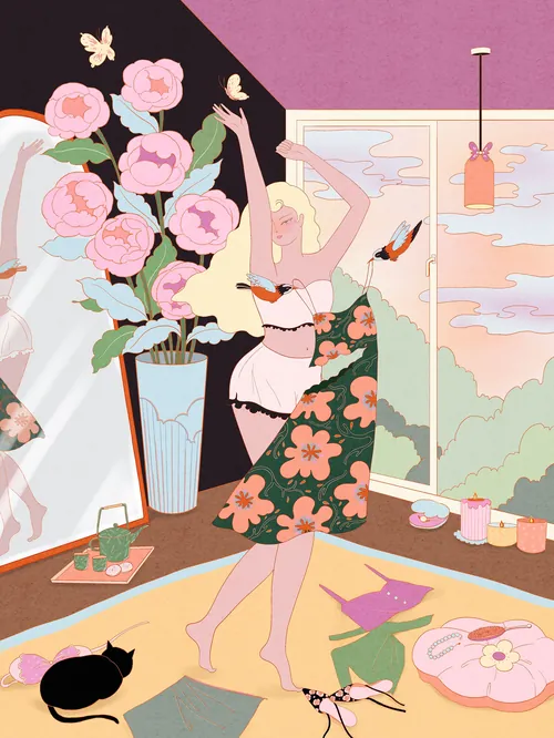 A woman dancing in a floral-patterned outfit in a pastel room with flowers and a cat by Leah Han