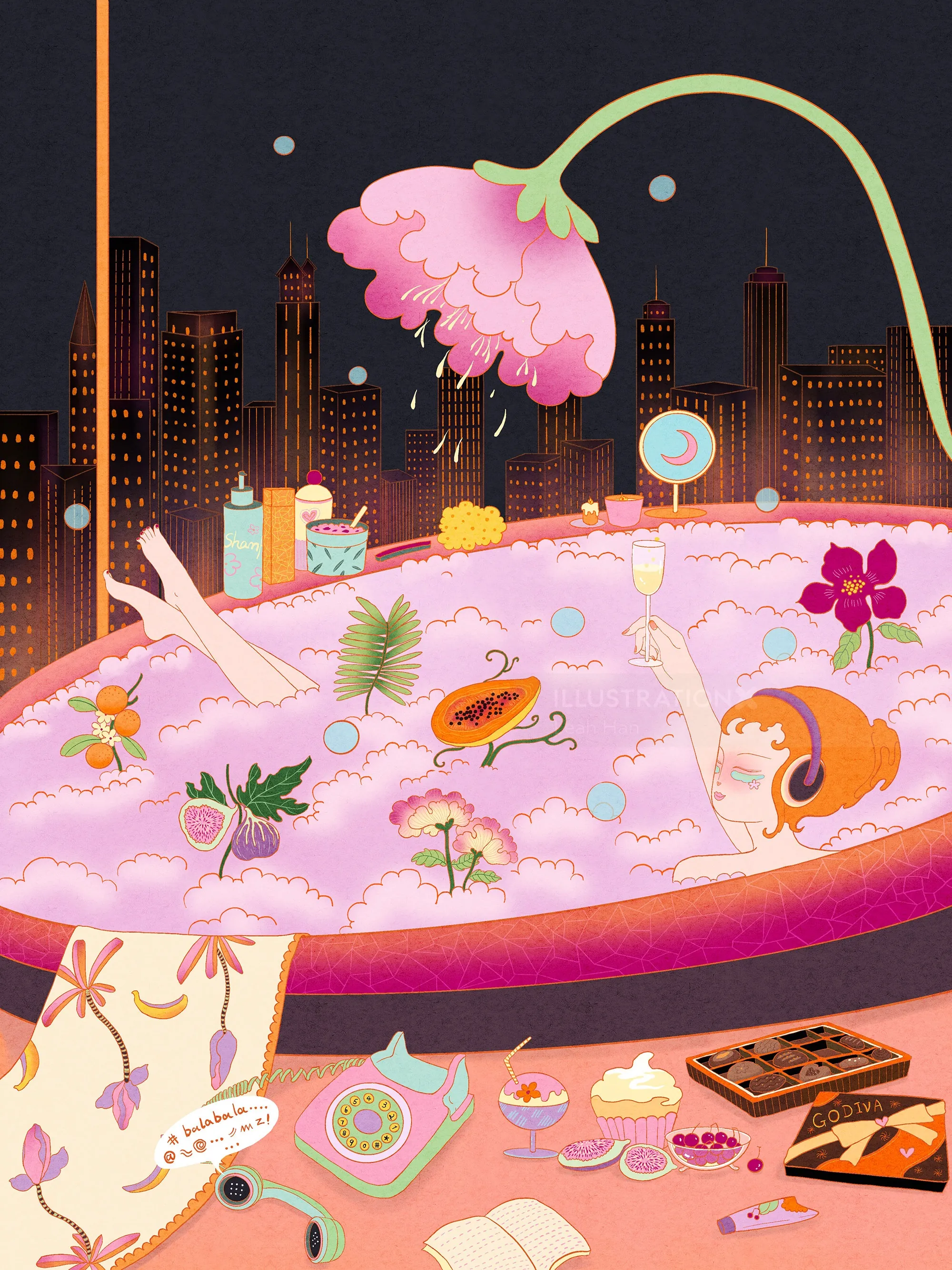 Femme dans un bain fleuri avec la silhouette de la ville la nuit, par Leah Han
