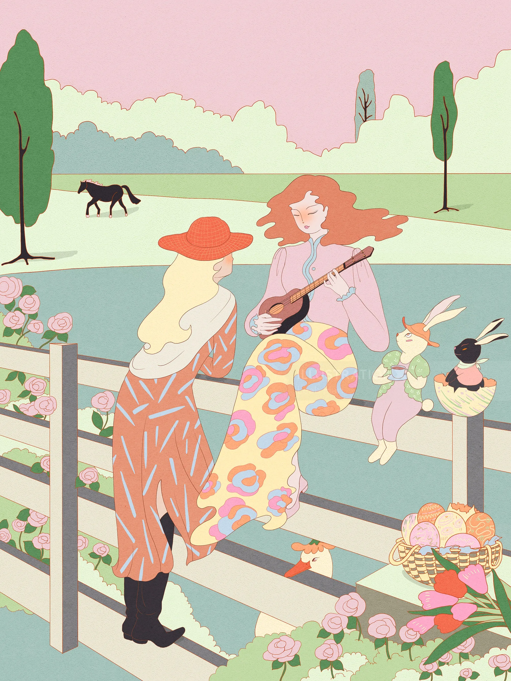 Ilustração de duas mulheres sentadas em uma cerca com coelhos e flores, por Leah Han.