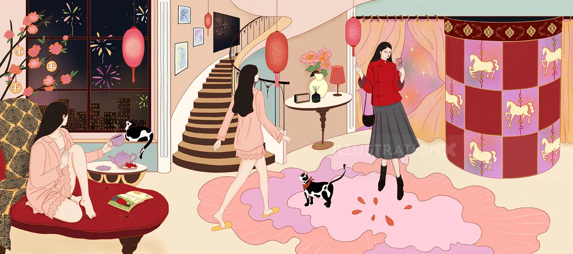 Cena interna com três mulheres e gatos, decoração aconchegante e tapete rosa por Leah Han.