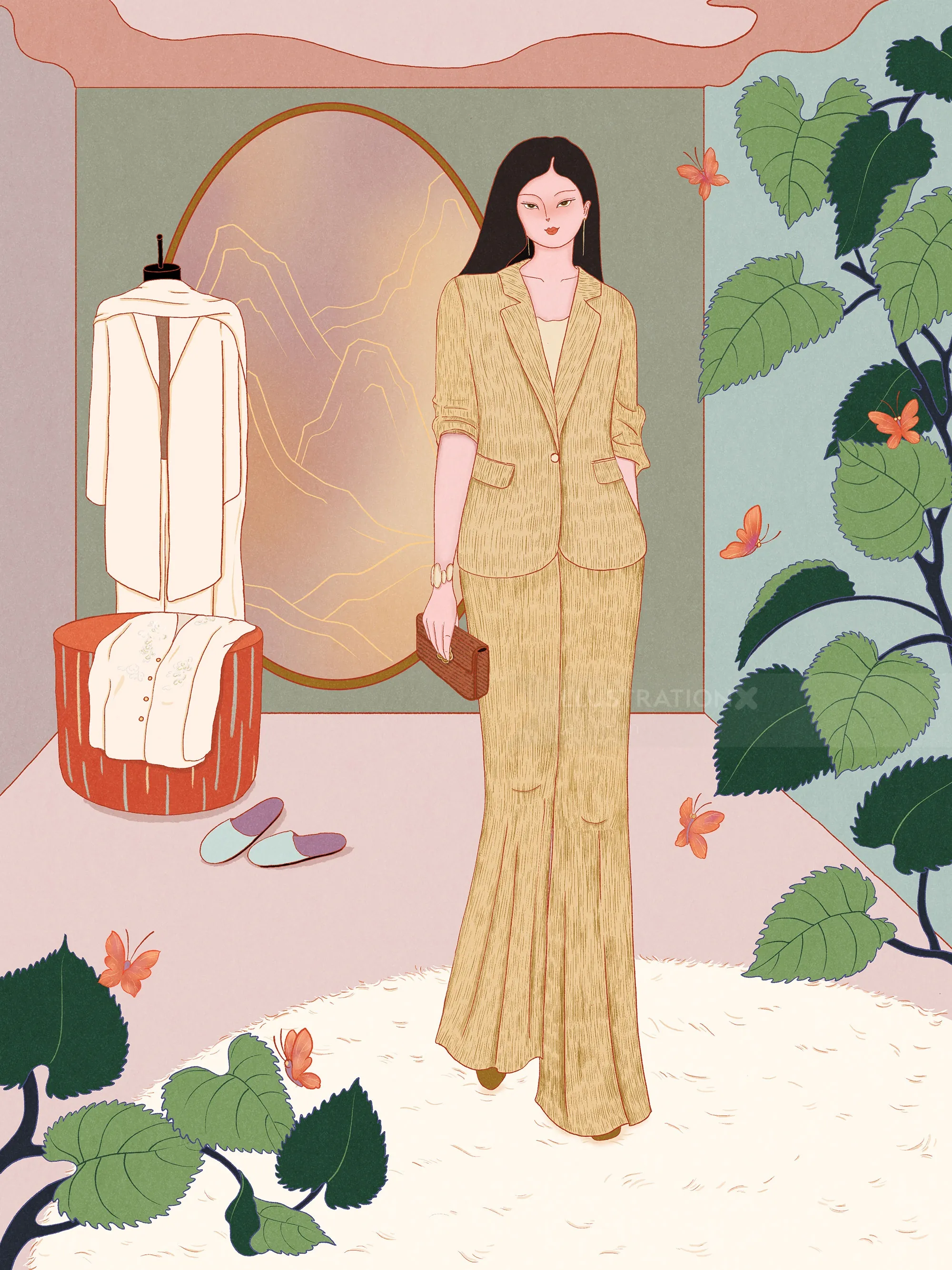 Woman in yellow suit standing indoors with plants and mirror by Leah Han