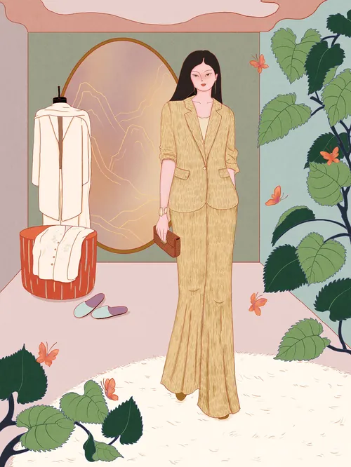 Woman in yellow suit standing indoors with plants and mirror by Leah Han