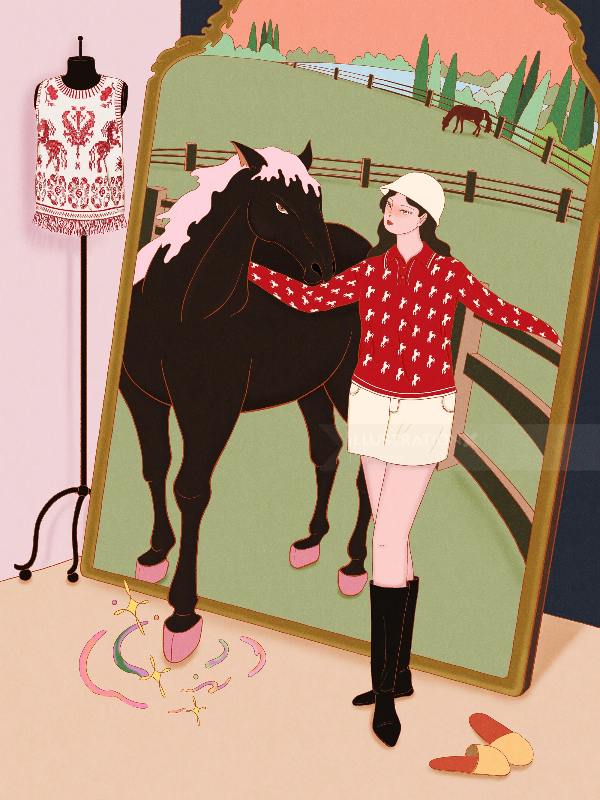 Mulher vestida com roupa de montaria acariciando um cavalo preto perto de um espelho, por Leah Han.