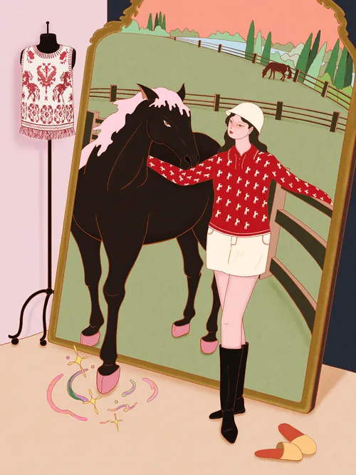 Woman in riding outfit petting black horse near mirror by Leah Han