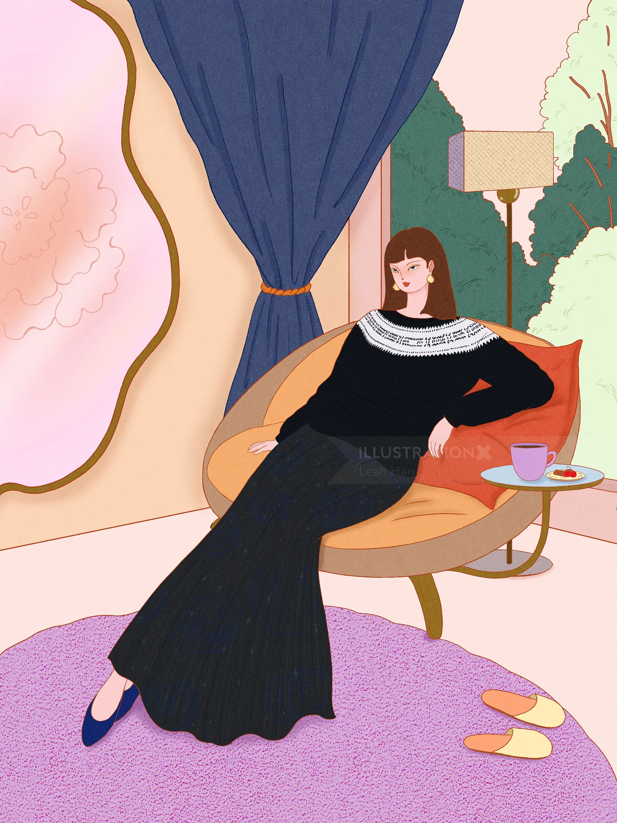 Woman reclining on chair in living room by Leah Han