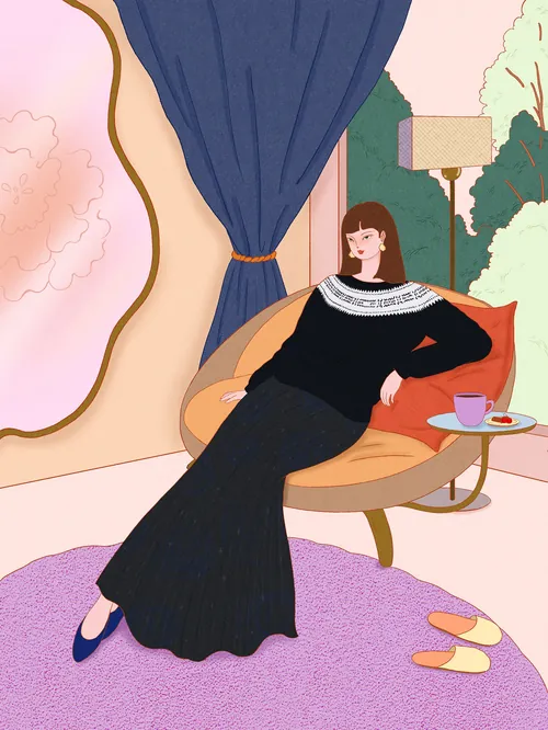 Woman reclining on chair in living room by Leah Han