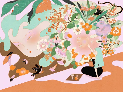 Surreal floral dreamscape with abstract faces and seated figures by Leah Han