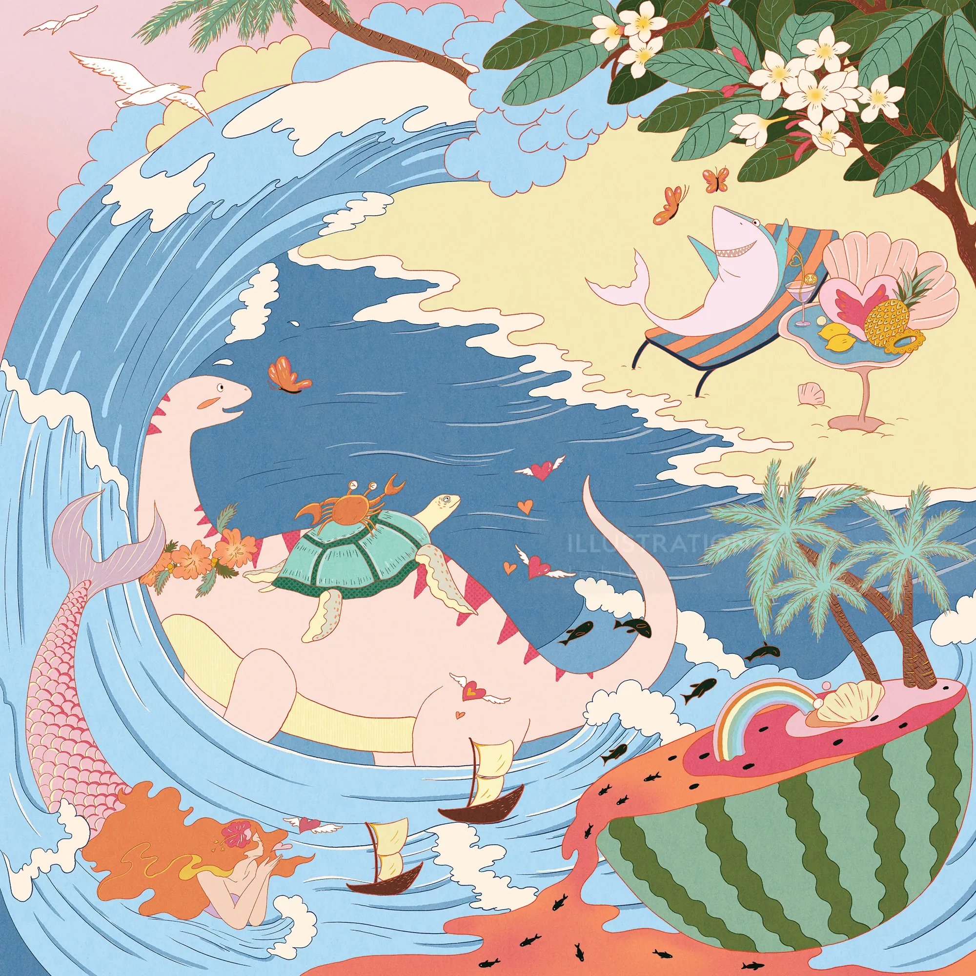 Cena oceânica encantadora com criaturas marinhas e uma ilha de melancias, por Leah Han.