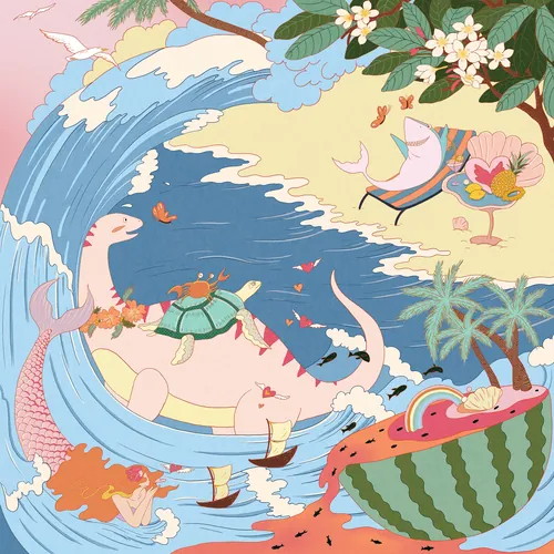 Whimsical ocean scene with sea creatures and a watermelon island by Leah Han