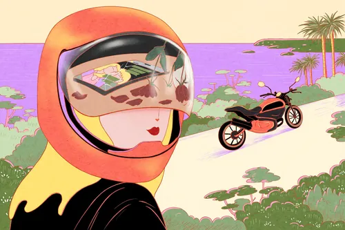 Woman in helmet reflecting tropical landscape with motorcycle on beach by Leah Han