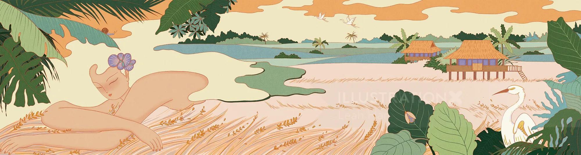 Paisagem tropical à beira do rio com palmeiras e uma cabana, por Leah Han.