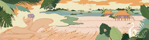 Tropical riverside landscape with palm trees and a hut by Leah Han