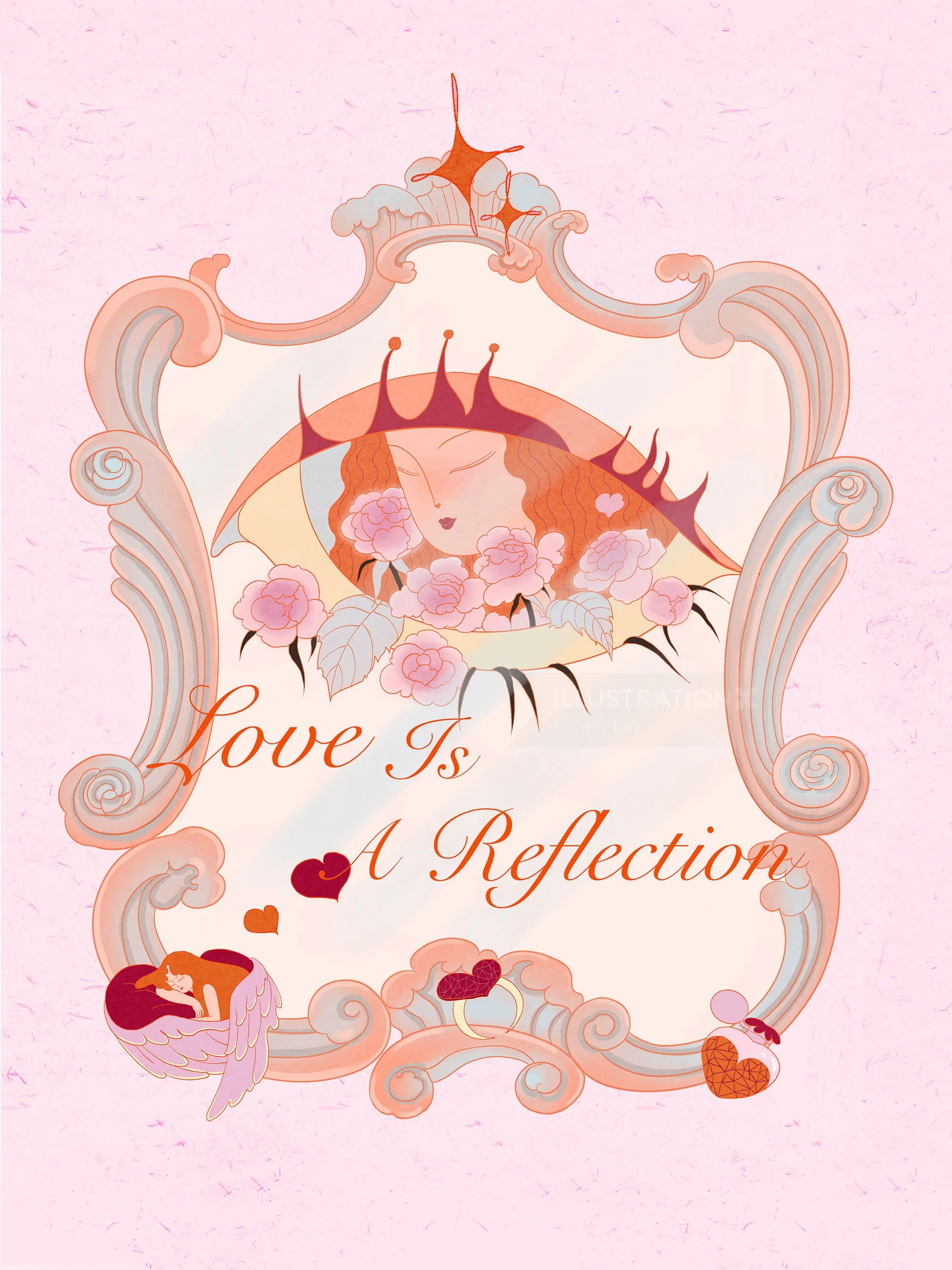 Gerahmte Illustration eines Auges, Blumen und des Textes „Liebe ist ein Spiegelbild“ von Leah Han