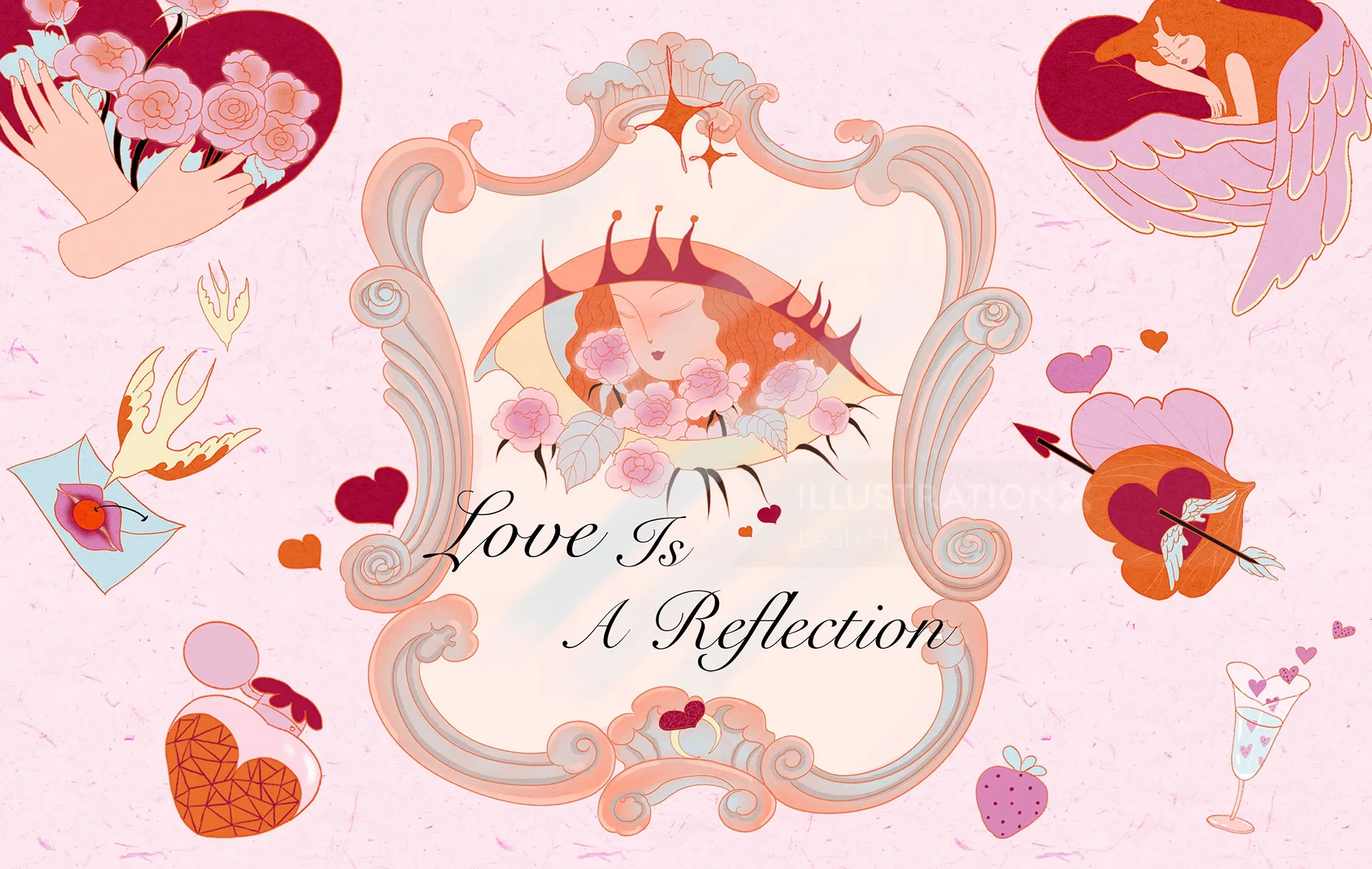 Love Is A Reflection illustration with mirror, eye, hearts, and Cupid by Leah Han