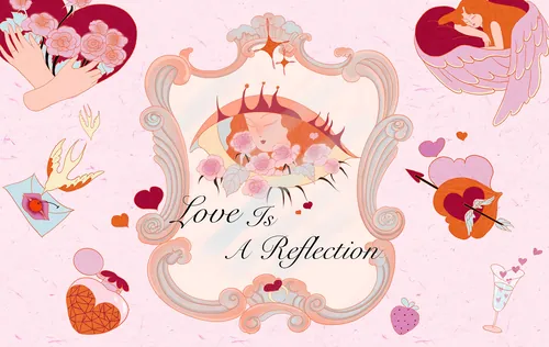 Love Is A Reflection illustration with mirror, eye, hearts, and Cupid by Leah Han