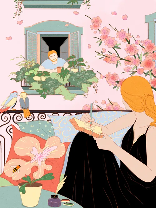 Woman eating sandwich on balcony looking at man in window illustration by Leah Han