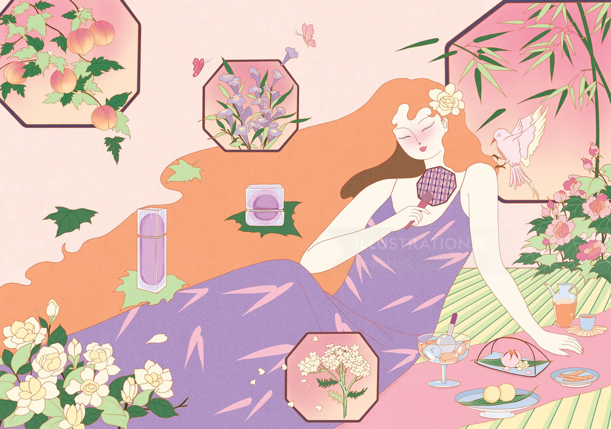 Mulher reclinada entre flores e petiscos, por Leah Han.