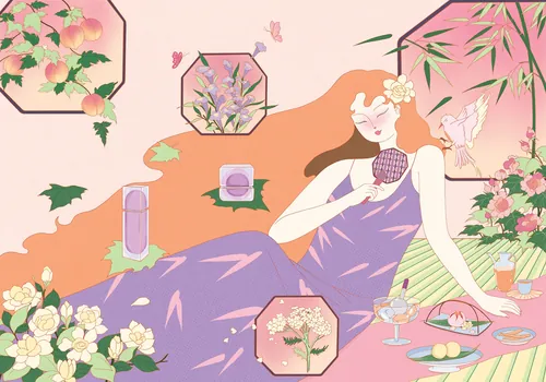 Woman reclining among flowers and snacks by Leah Han