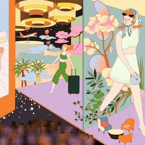 Colorful urban scenes with stylish women walking, illustrated by Leah Han