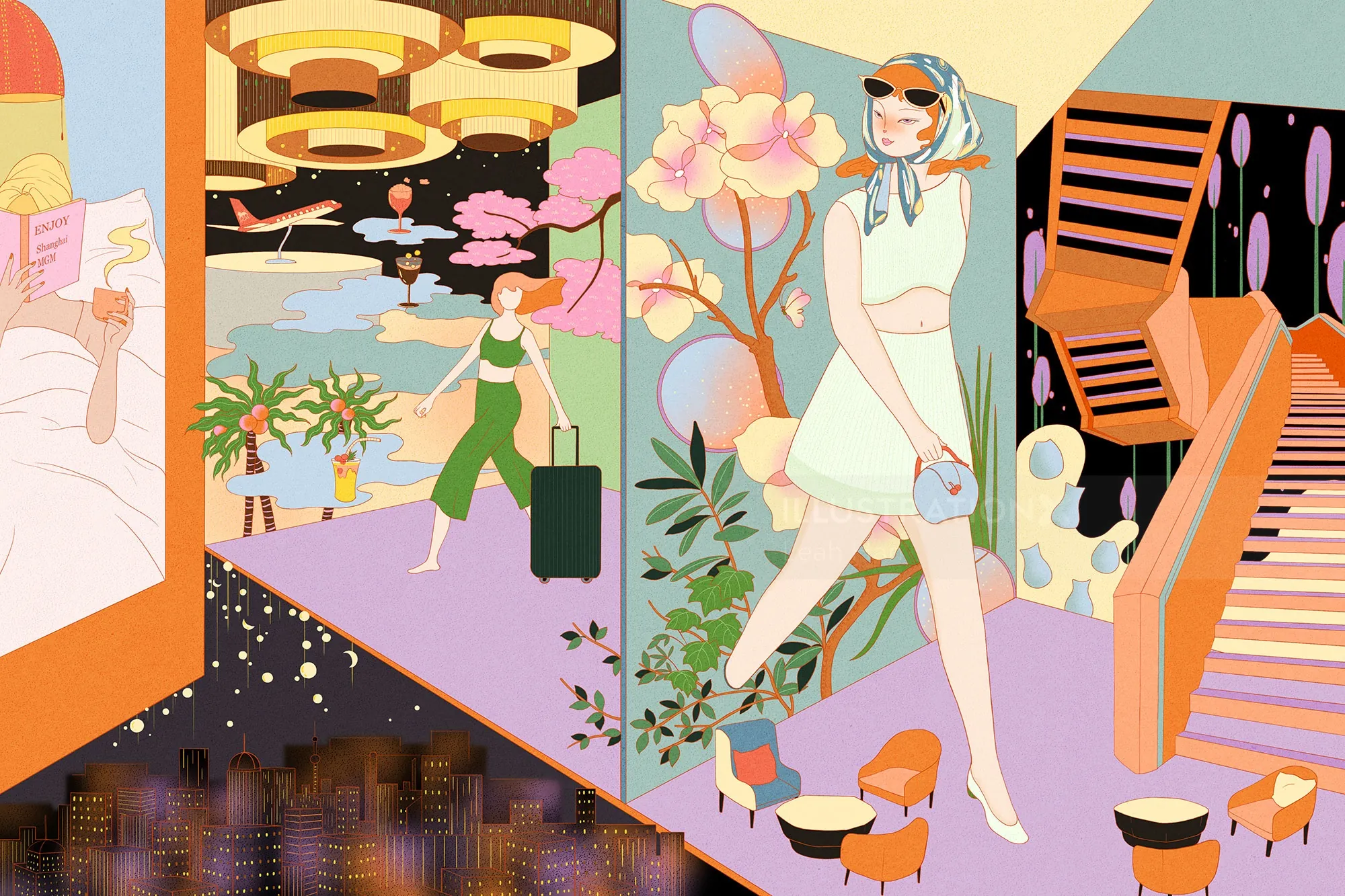 Colorful urban scenes with stylish women walking, illustrated by Leah Han