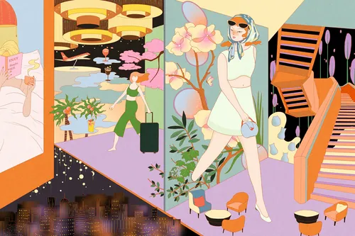 Colorful urban scenes with stylish women walking, illustrated by Leah Han