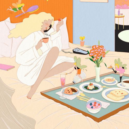 Woman having breakfast in bed with flowers and phone, artwork by Leah Han