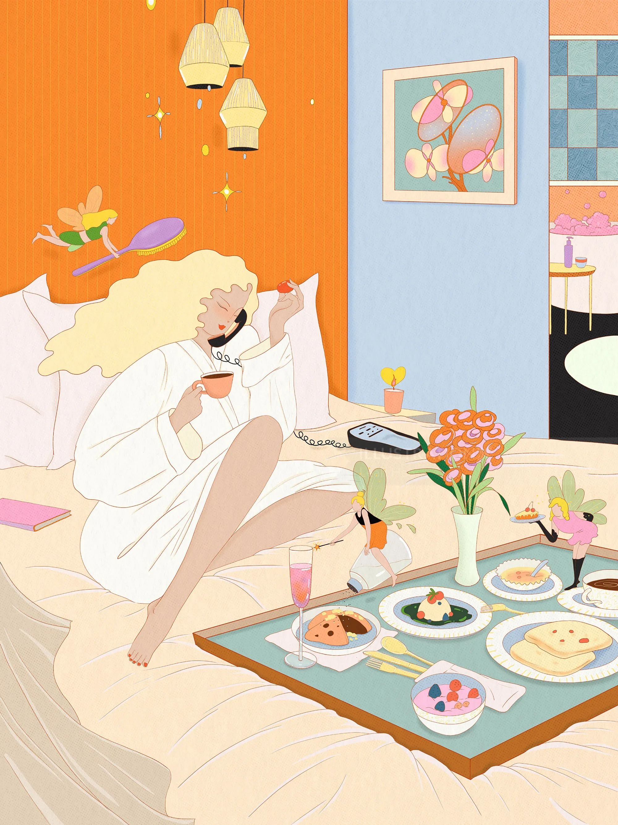 Mulher tomando café da manhã na cama com flores e celular, obra de arte de Leah Han