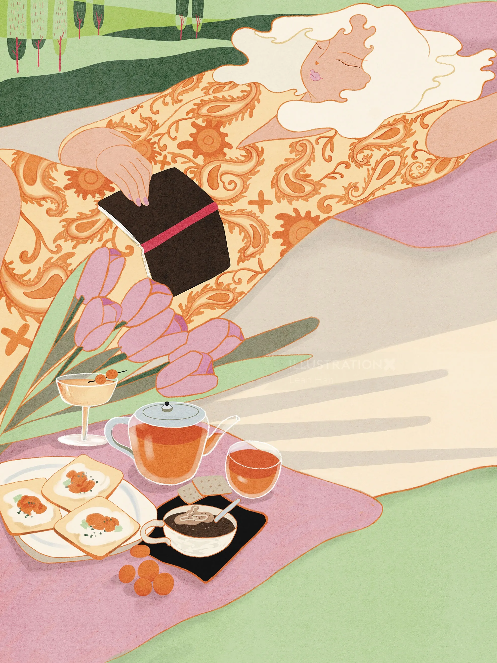 Mulher reclinada sobre uma manta com flores e chá, obra de arte de Leah Han