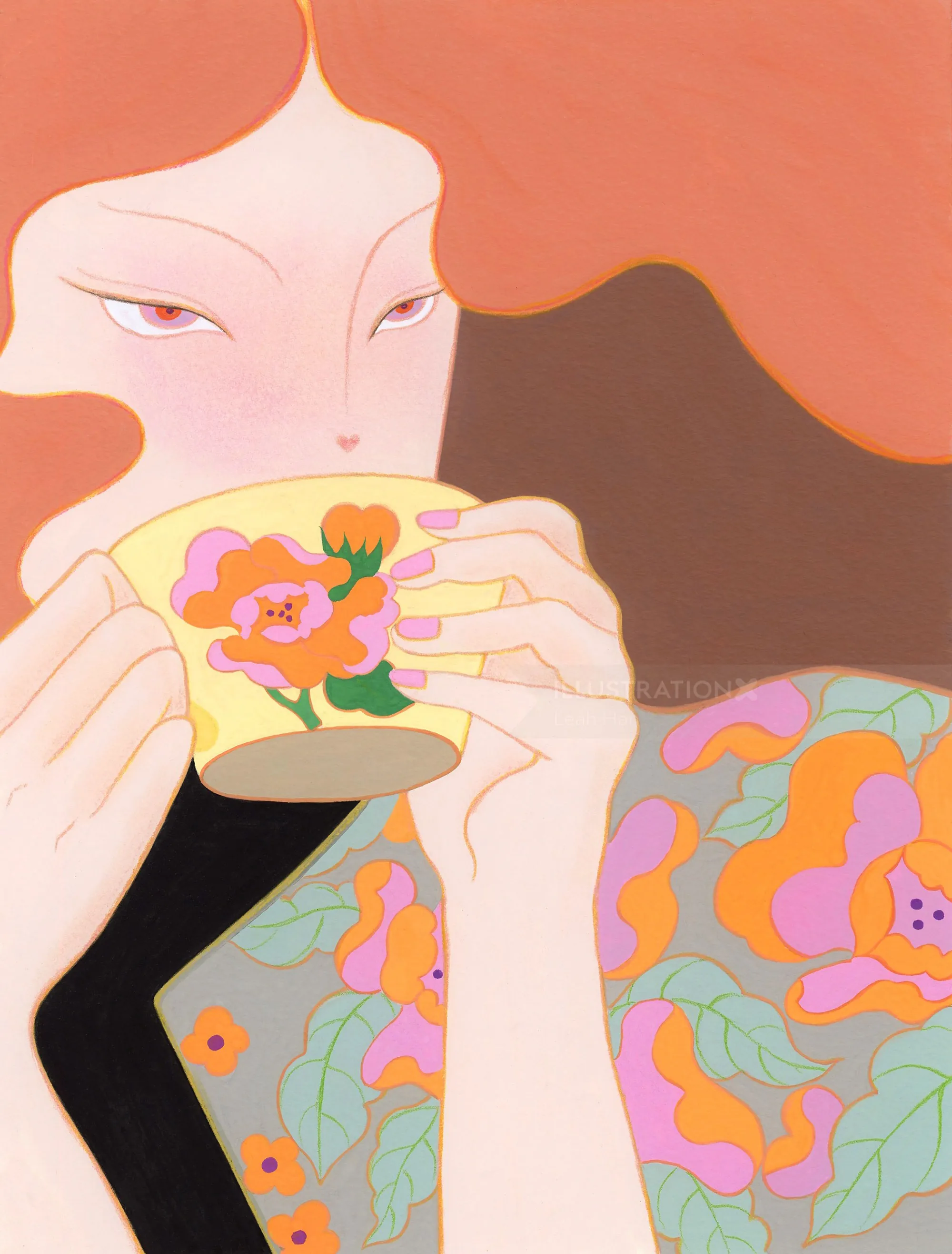 Woman holding floral teacup by Leah Han