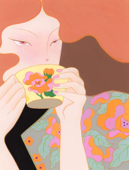 Woman holding floral teacup by Leah Han