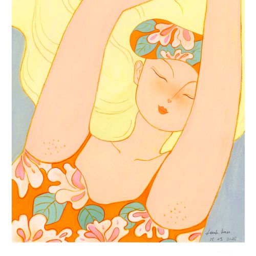 Illustration of a woman stretching with floral headband and dress by Leah Han