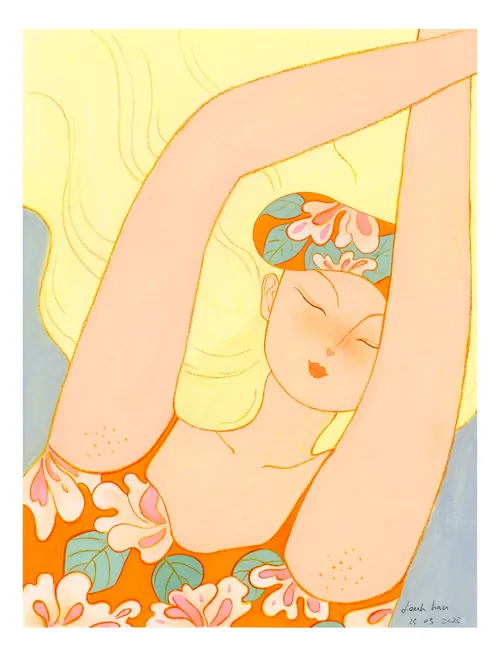 Illustration of a woman stretching with floral headband and dress by Leah Han