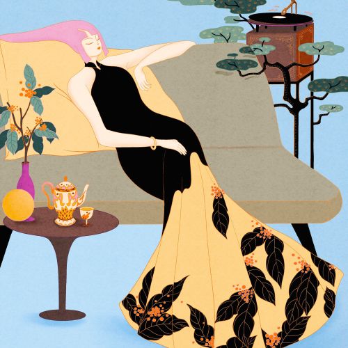 Woman in floral dress lounging near gramophone and teapot by Leah Han