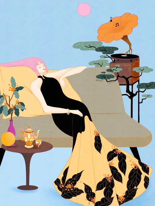 Woman in floral dress lounging near gramophone and teapot by Leah Han