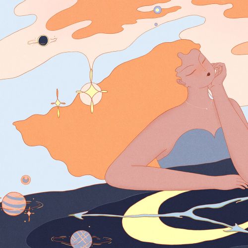 Contemplative figure surrounded by planets and stars in dreamy sky by Leah Han