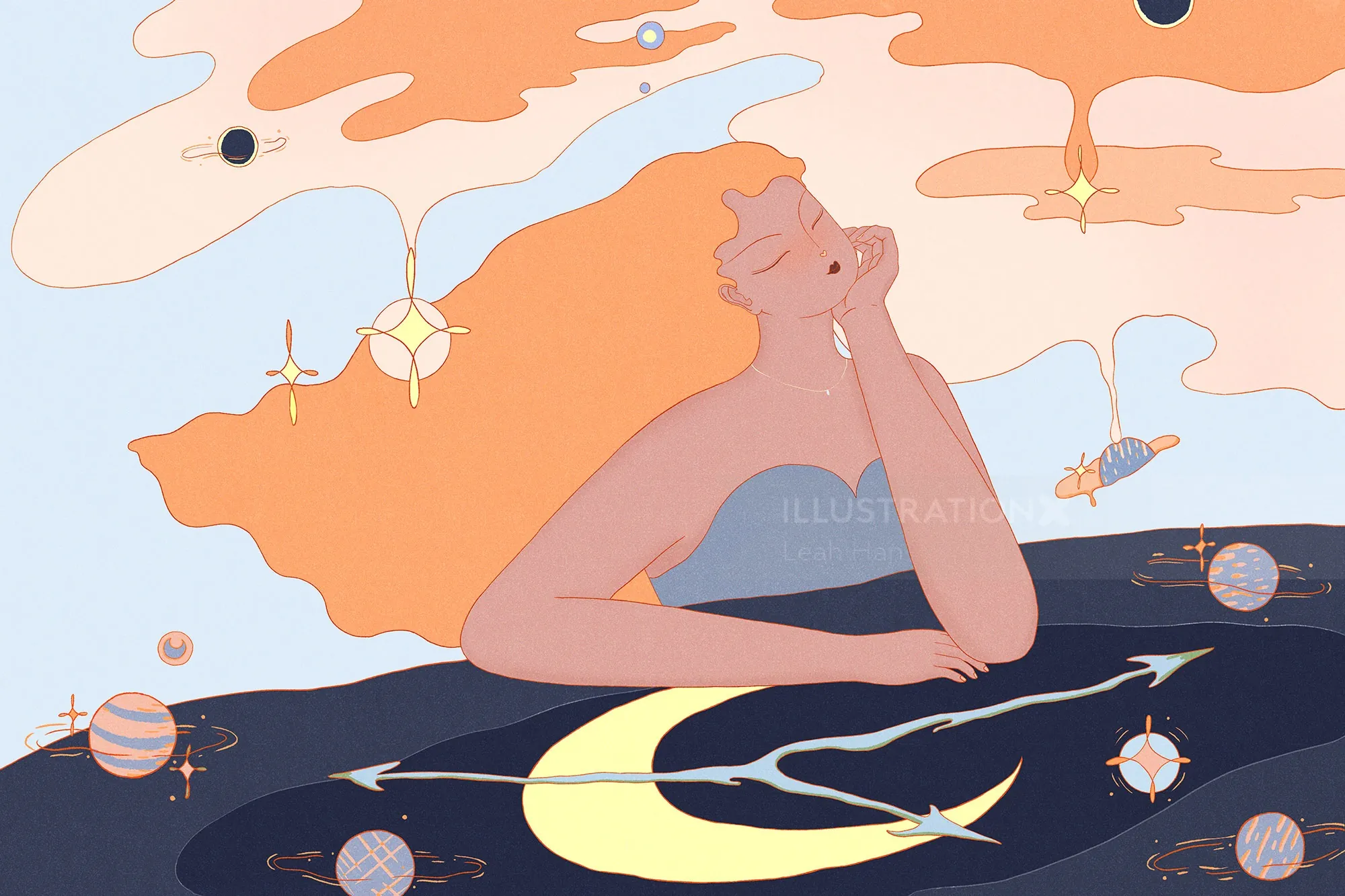 Contemplative figure surrounded by planets and stars in dreamy sky by Leah Han