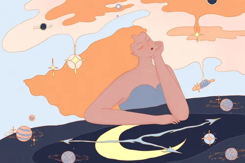 Contemplative figure surrounded by planets and stars in dreamy sky by Leah Han