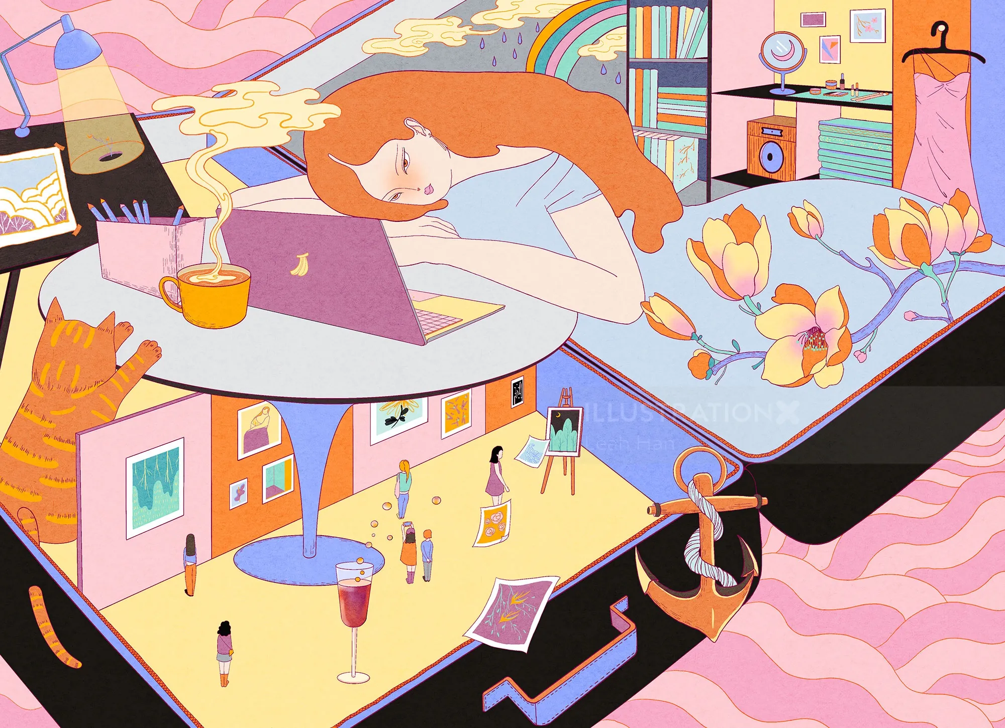 Surreal colorful illustration of girl resting on suitcase with miniatures by Leah Han
