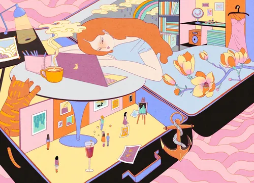 Surreal colorful illustration of girl resting on suitcase with miniatures by Leah Han